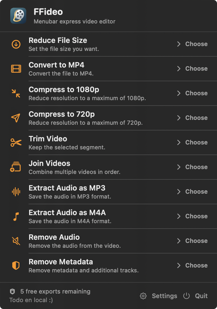 Actual FFideo 1.0.0 menu showing ten local video tools